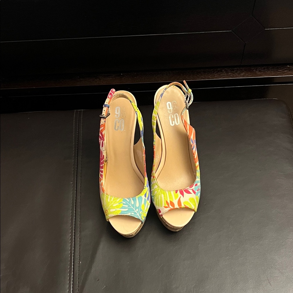 Colorful Floral Peep-Toe Satin Slingback Heels